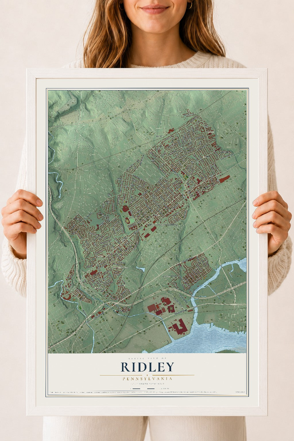 Map of Ridley, Pennsylvania, 18 x 24 inch print in a white wood frame