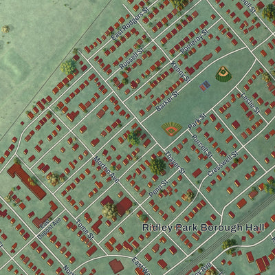 Close-up of the map of Ridley Park, Pennsylvania print showing street and building detail