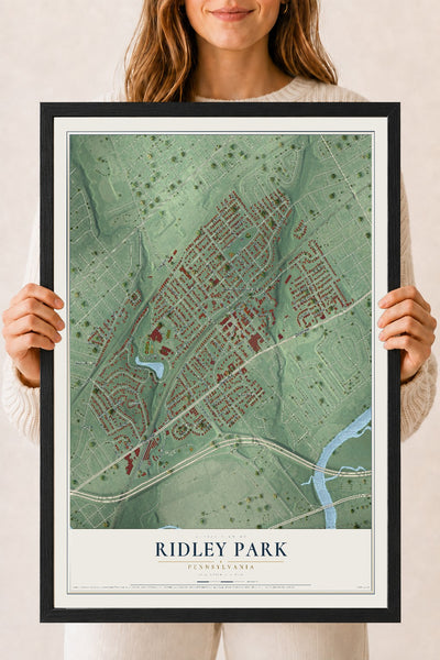 Map of Ridley Park, Pennsylvania, 18 x 24 inch print in a black wood frame