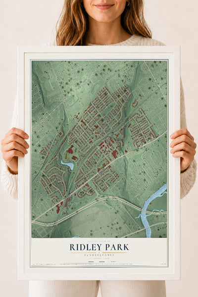 Map of Ridley Park, Pennsylvania, 18 x 24 inch print in a white wood frame