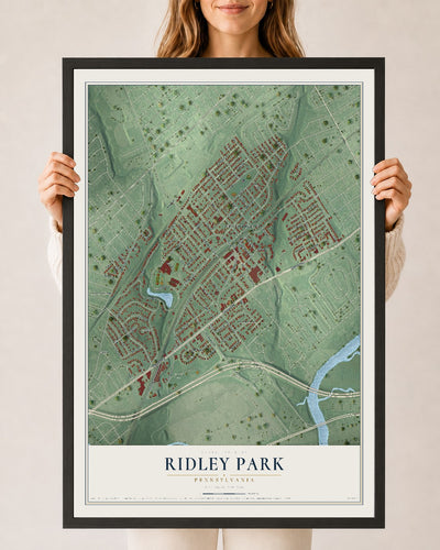 Map of Ridley Park, Pennsylvania, 24 x 36 inch print in a black wood frame