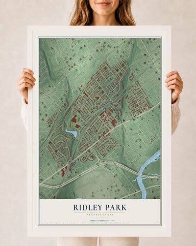 Map of Ridley Park, Pennsylvania, 24 x 36 inch print in a white wood frame