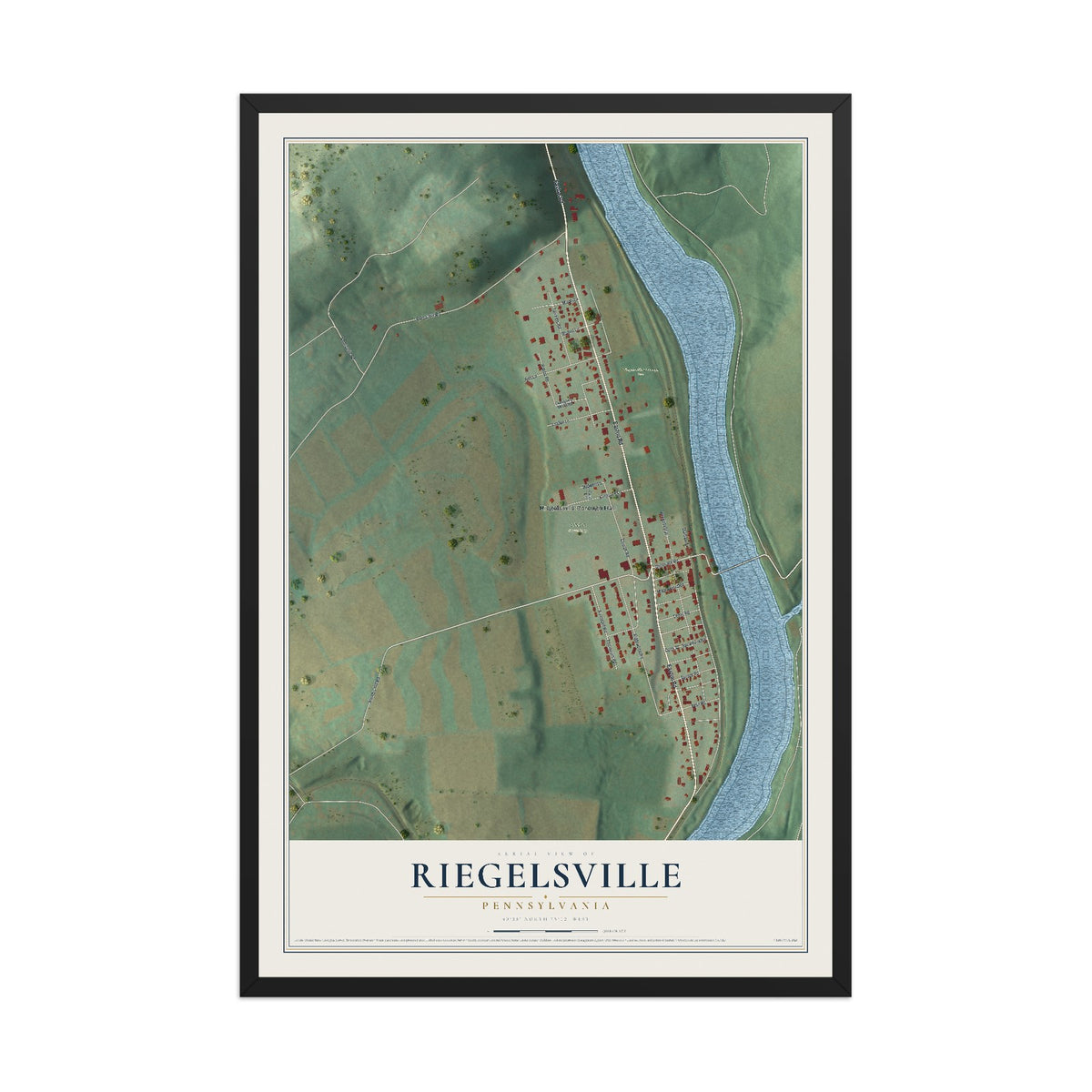 Map of Riegelsville, Pennsylvania, 12 x 18 inch print in a black wood frame