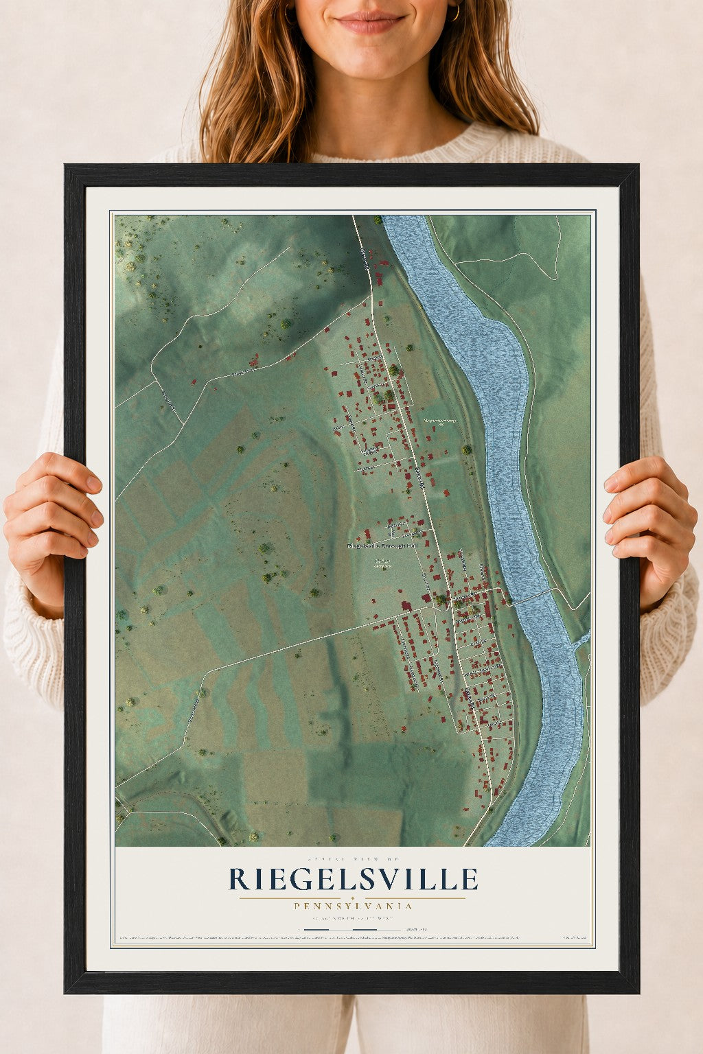 Map of Riegelsville, Pennsylvania, 18 x 24 inch print in a black wood frame
