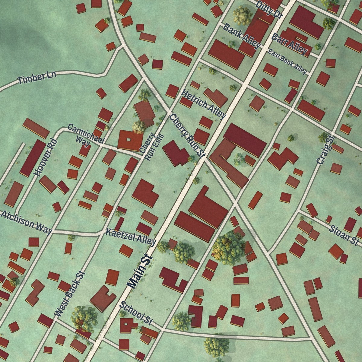 Close-up of the map of Rimersburg, Pennsylvania print showing street and building detail
