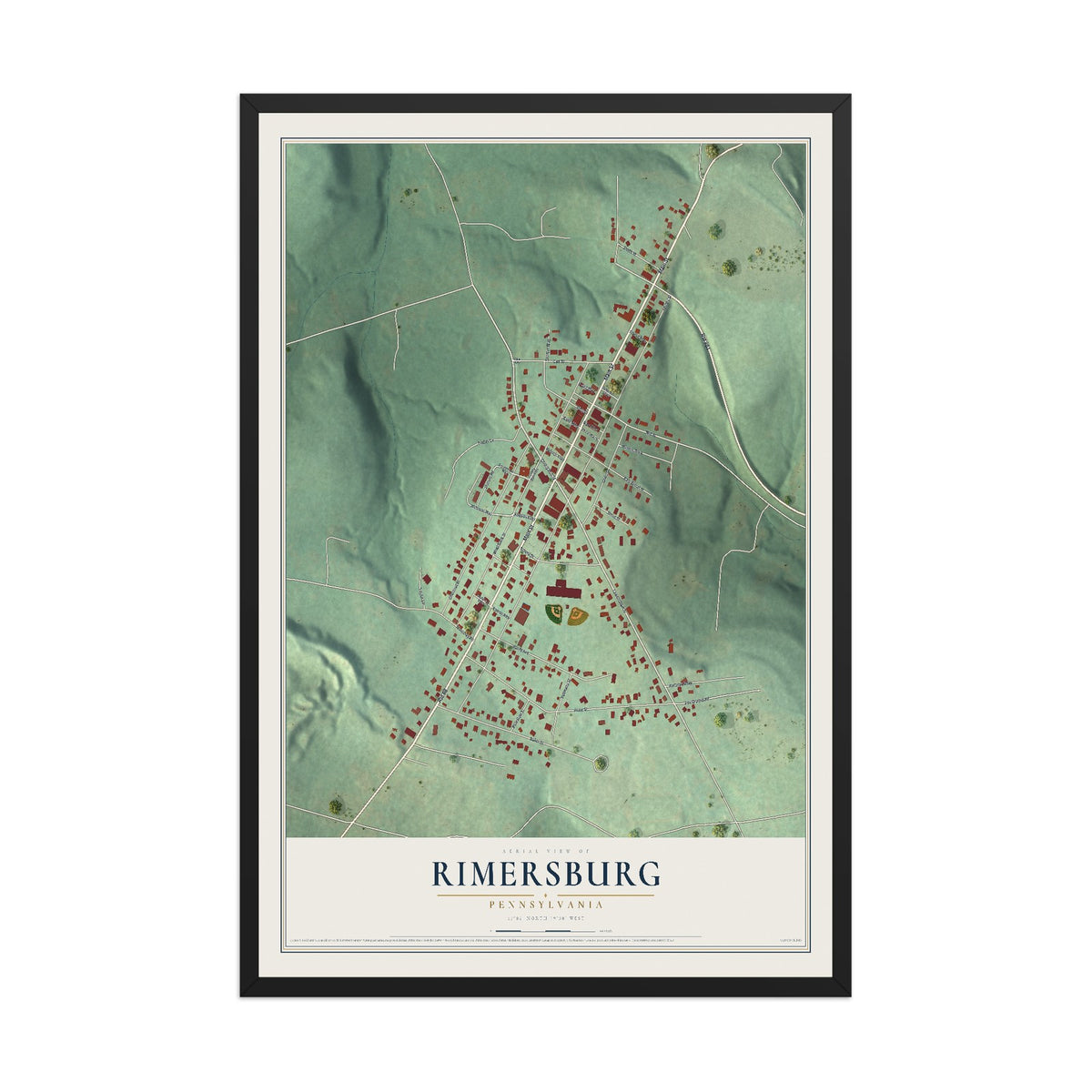 Map of Rimersburg, Pennsylvania, 12 x 18 inch print in a black wood frame