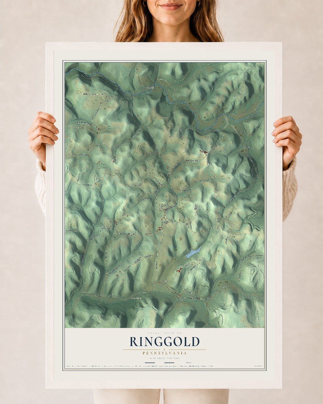 Map of Ringgold, Pennsylvania, 24 x 36 inch print in a white wood frame