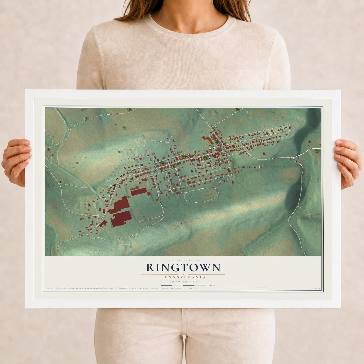 Map of Ringtown, Pennsylvania, 12 x 18 inch print in a white wood frame