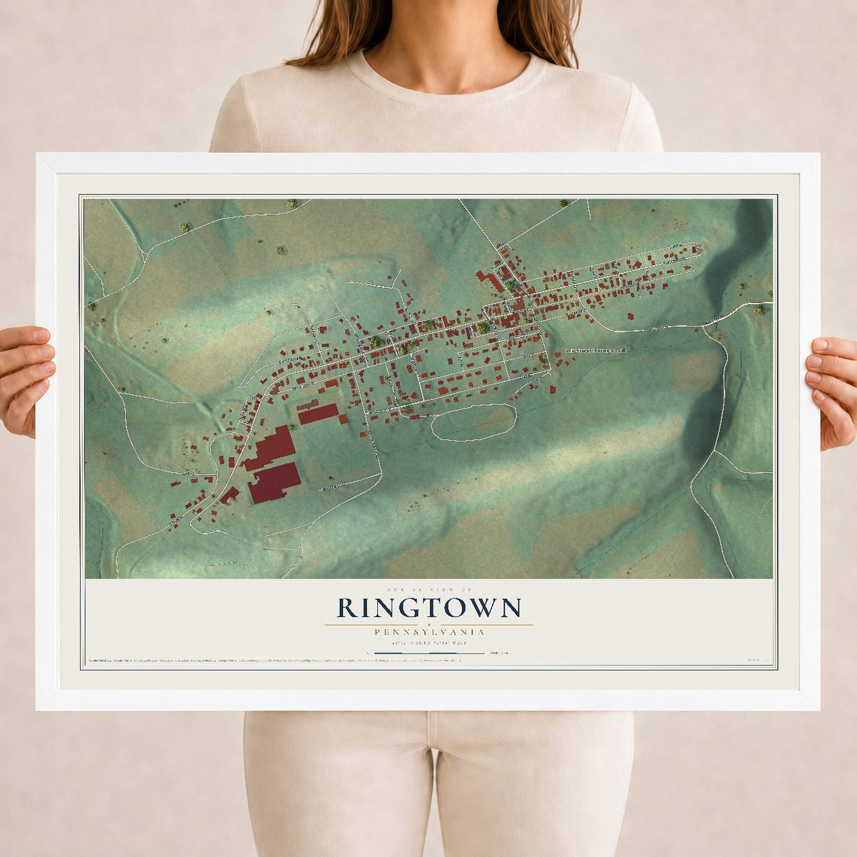Map of Ringtown, Pennsylvania, 18 x 24 inch print in a white wood frame