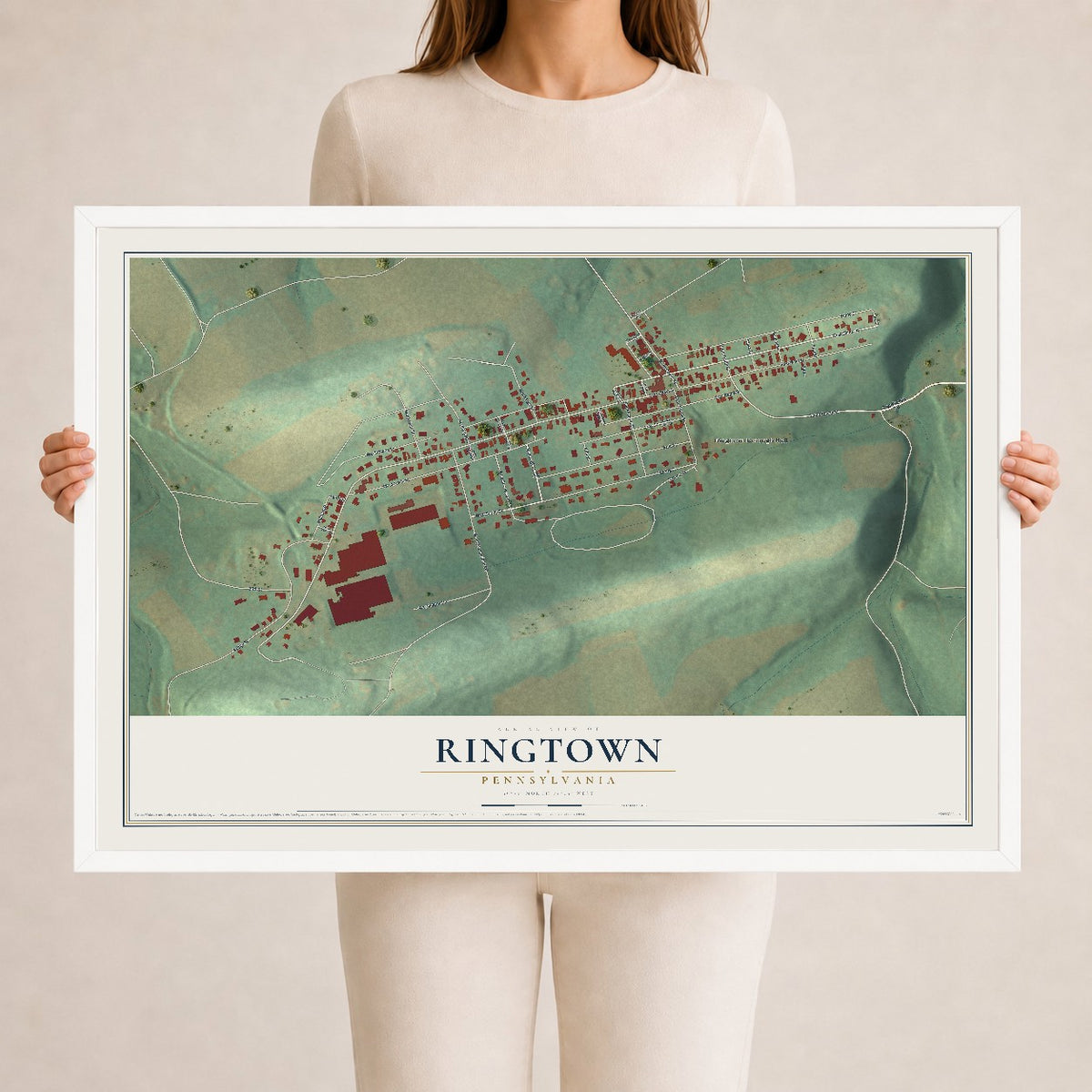 Map of Ringtown, Pennsylvania, 24 x 36 inch print in a white wood frame