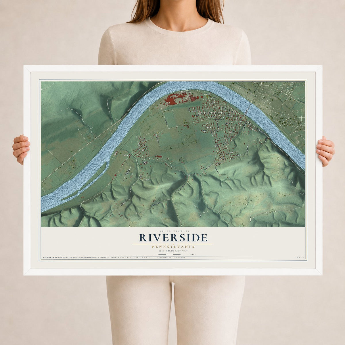 Map of Riverside, Pennsylvania, 24 x 36 inch print in a white wood frame
