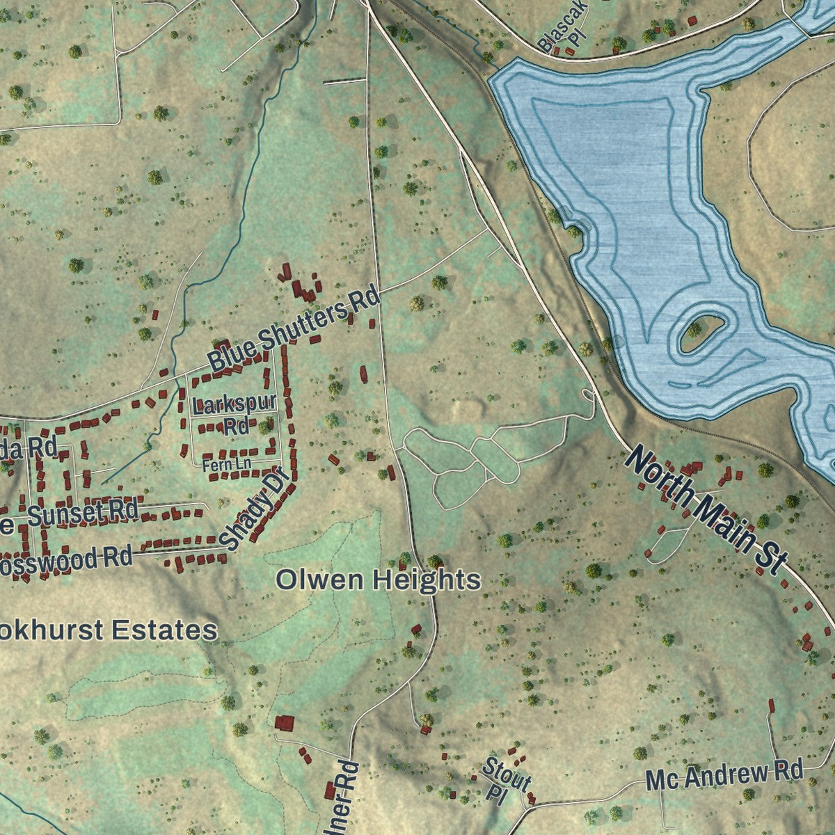 Close-up of the map of Roaring Brook, Pennsylvania print showing street and building detail