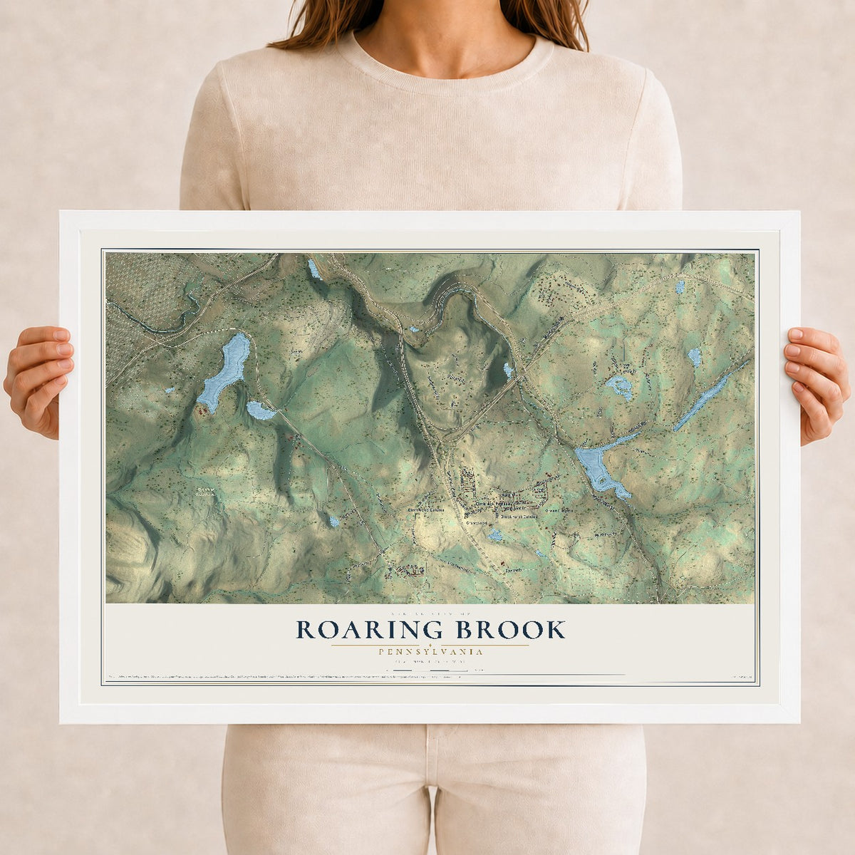 Map of Roaring Brook, Pennsylvania, 12 x 18 inch print in a white wood frame
