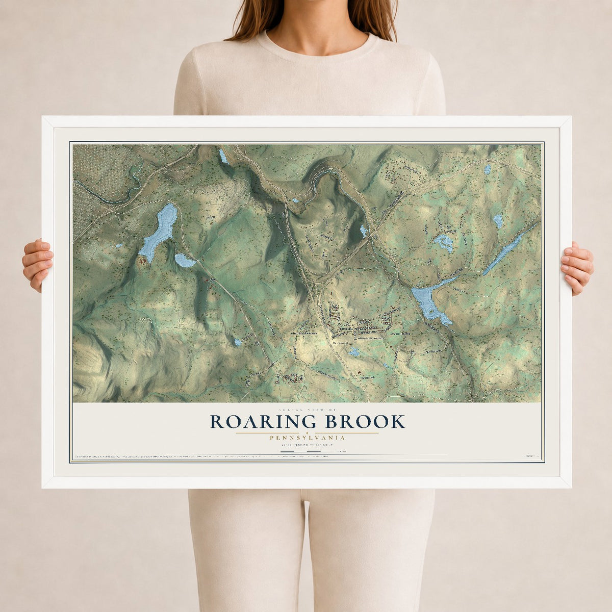 Map of Roaring Brook, Pennsylvania, 24 x 36 inch print in a white wood frame