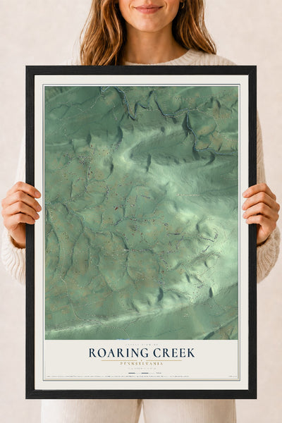 Map of Roaring Creek, Pennsylvania, 18 x 24 inch print in a black wood frame