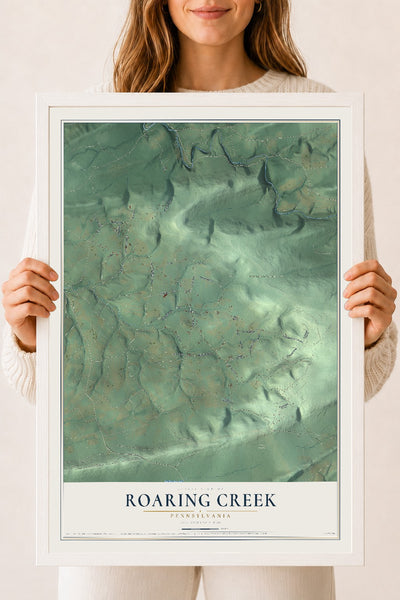 Map of Roaring Creek, Pennsylvania, 18 x 24 inch print in a white wood frame