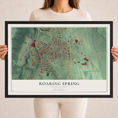 Map of Roaring Spring, Pennsylvania, 18 x 24 inch print in a black wood frame