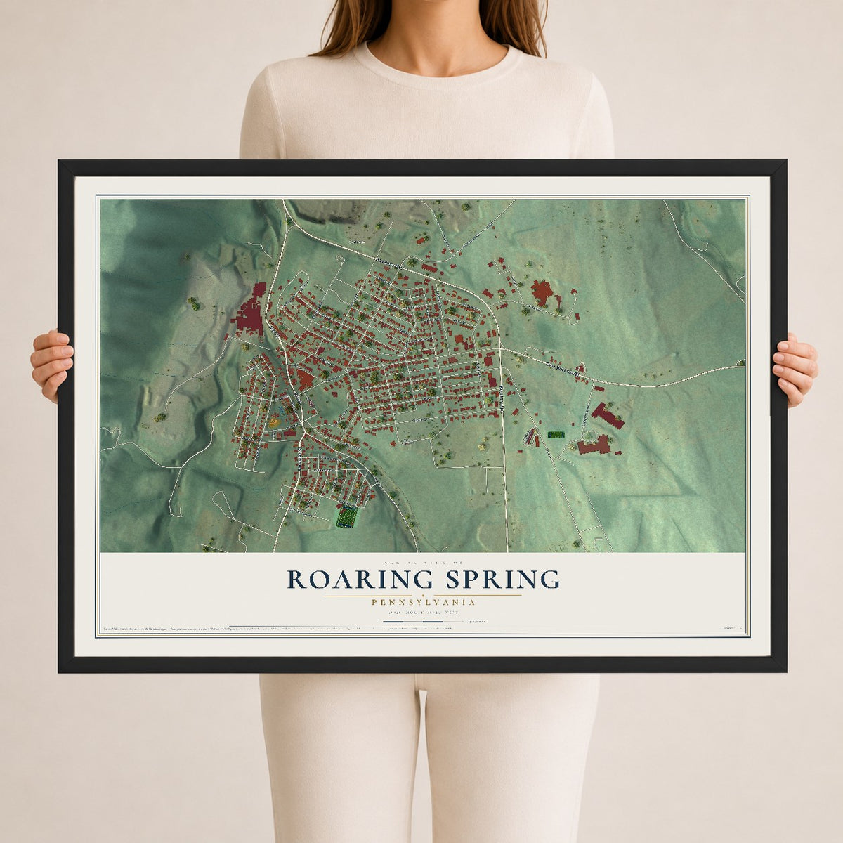 Map of Roaring Spring, Pennsylvania, 24 x 36 inch print in a black wood frame