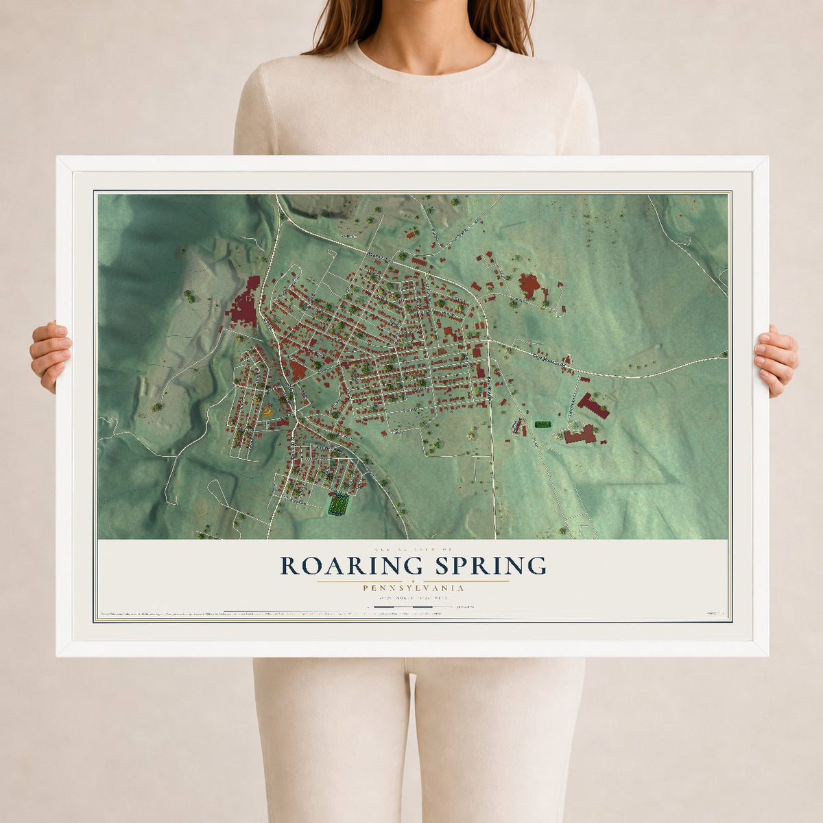Map of Roaring Spring, Pennsylvania, 24 x 36 inch print in a white wood frame