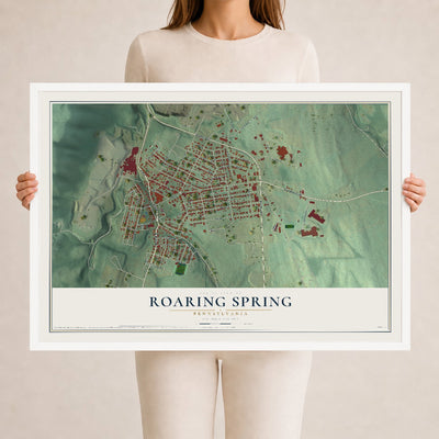 Map of Roaring Spring, Pennsylvania, 24 x 36 inch print in a white wood frame