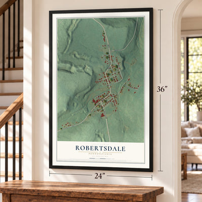 Robertsdale, Pennsylvania map, 24 x 36 inch print in a black frame by a staircase
