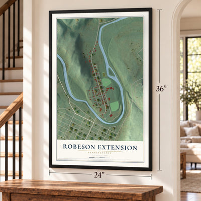 Robeson Extension, Pennsylvania map, 24 x 36 inch print in a black frame by a staircase