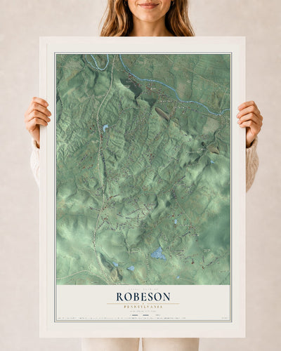 Map of Robeson, Pennsylvania, 24 x 36 inch print in a white wood frame