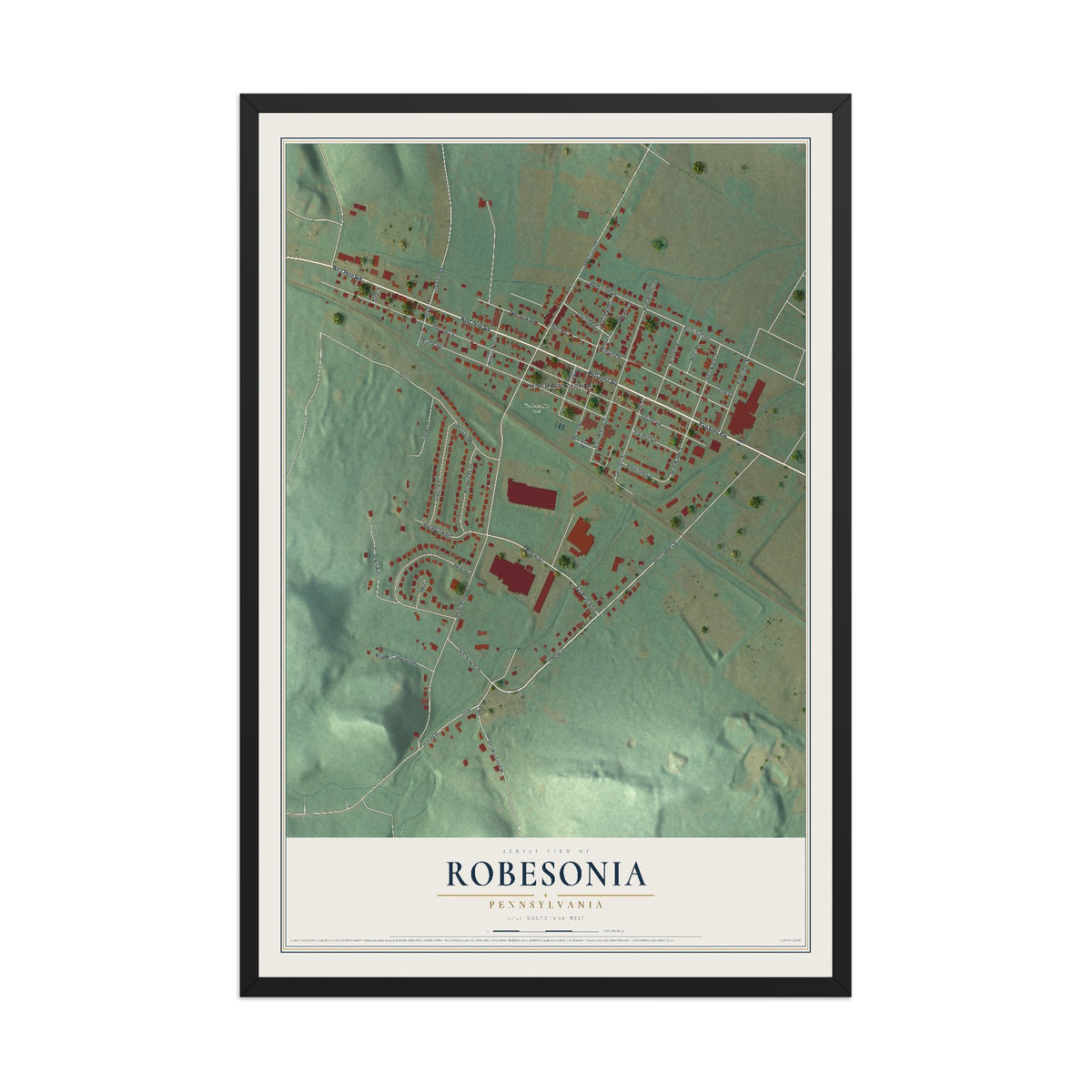 Map of Robesonia, Pennsylvania, 12 x 18 inch print in a black wood frame