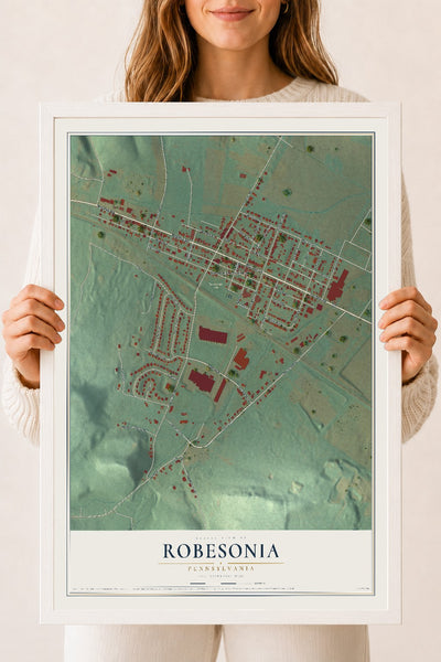 Map of Robesonia, Pennsylvania, 18 x 24 inch print in a white wood frame