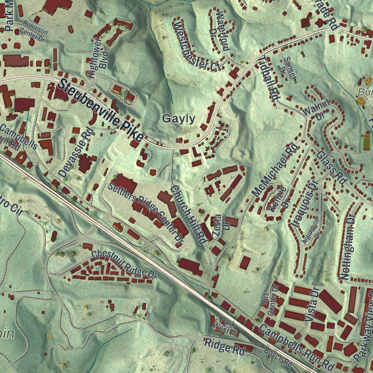 Close-up of the map of Robinson, Allegheny County, Pennsylvania print showing street and building detail