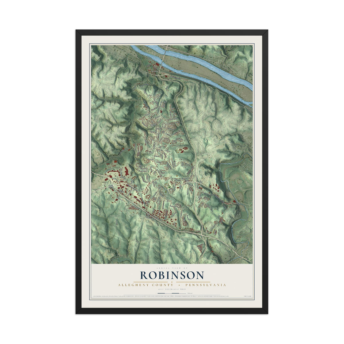 Map of Robinson, Allegheny County, Pennsylvania, 12 x 18 inch print in a black wood frame