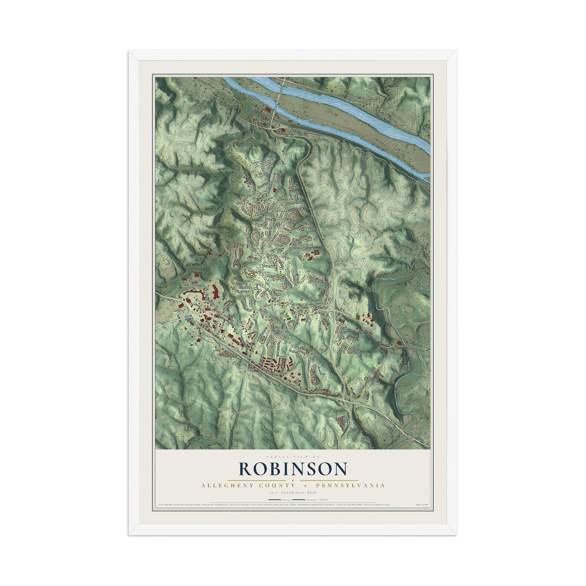 Map of Robinson, Allegheny County, Pennsylvania, 12 x 18 inch print in a white wood frame