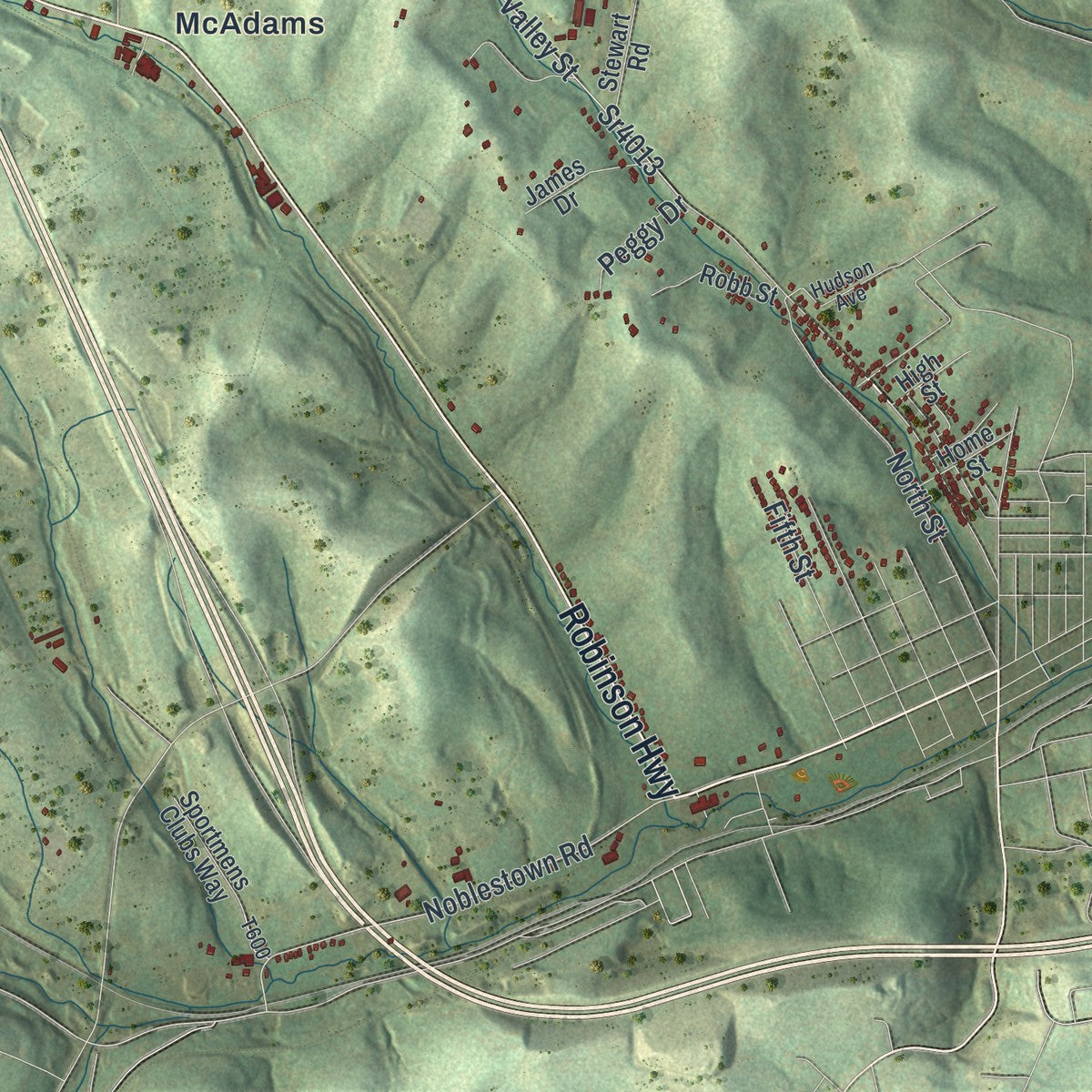 Second close-up of the map of Robinson, Washington County, Pennsylvania print showing more streets and buildings