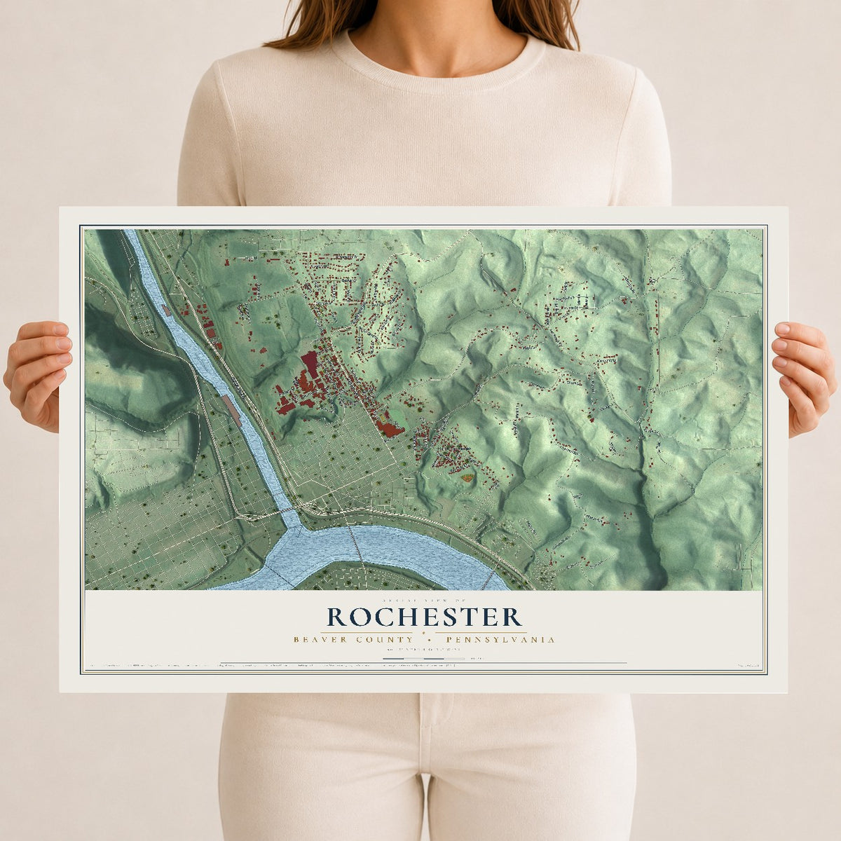 Map of Rochester, Beaver County, Pennsylvania, 12 x 18 inch unframed archival matte print