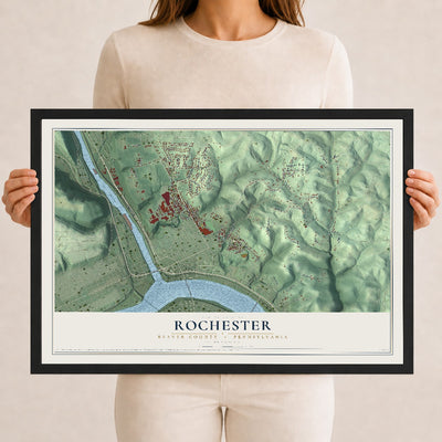 Map of Rochester, Beaver County, Pennsylvania, 12 x 18 inch print in a black wood frame