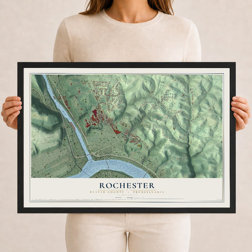 Map of Rochester, Beaver County, Pennsylvania, 12 x 18 inch print in a black wood frame