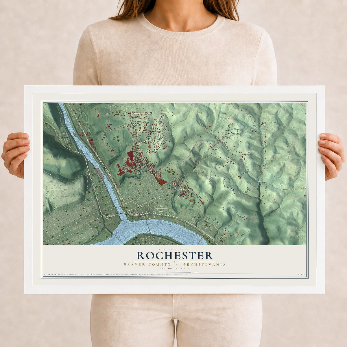 Map of Rochester, Beaver County, Pennsylvania, 12 x 18 inch print in a white wood frame