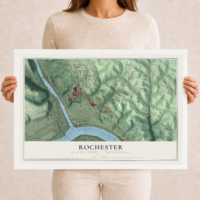 Map of Rochester, Beaver County, Pennsylvania, 12 x 18 inch print in a white wood frame
