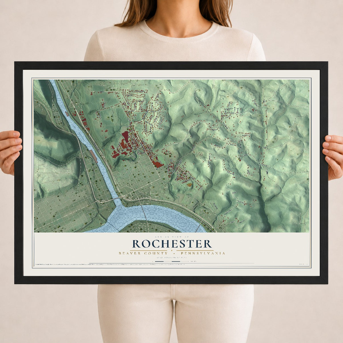 Map of Rochester, Beaver County, Pennsylvania, 18 x 24 inch print in a black wood frame