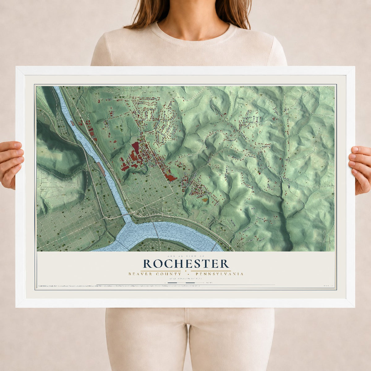 Map of Rochester, Beaver County, Pennsylvania, 18 x 24 inch print in a white wood frame