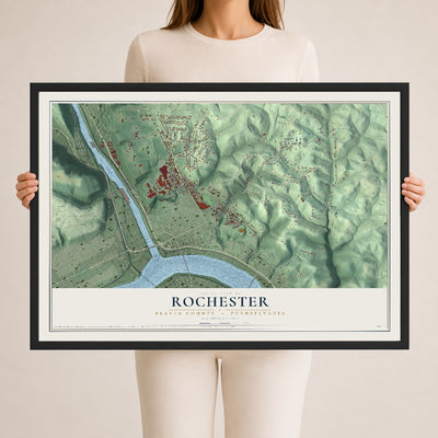 Map of Rochester, Beaver County, Pennsylvania, 24 x 36 inch print in a black wood frame