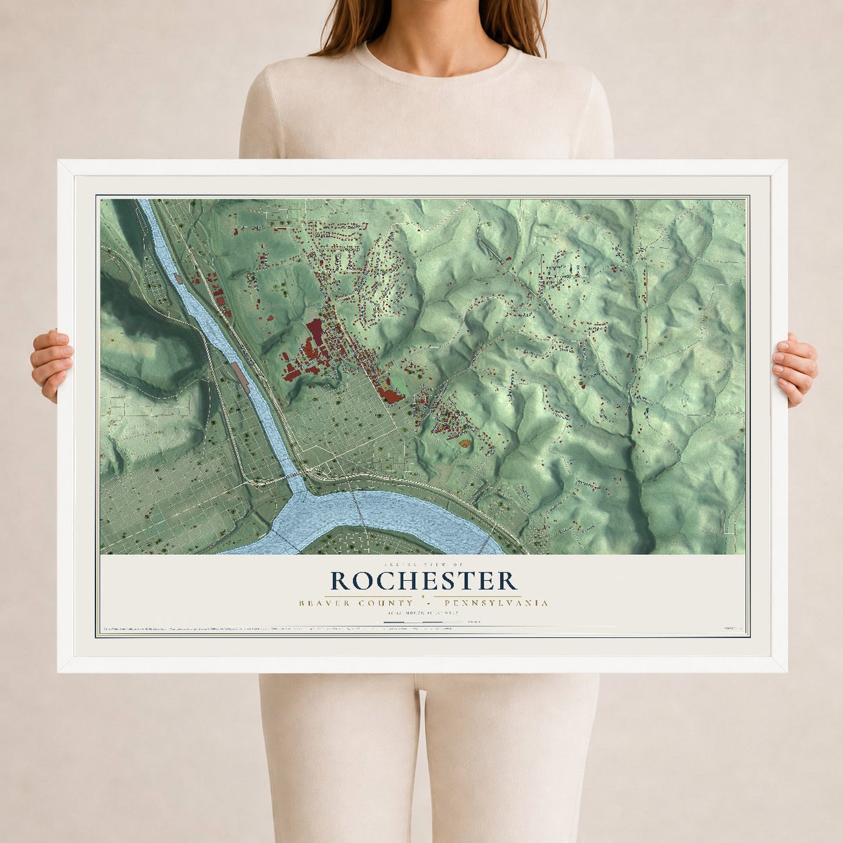 Map of Rochester, Beaver County, Pennsylvania, 24 x 36 inch print in a white wood frame