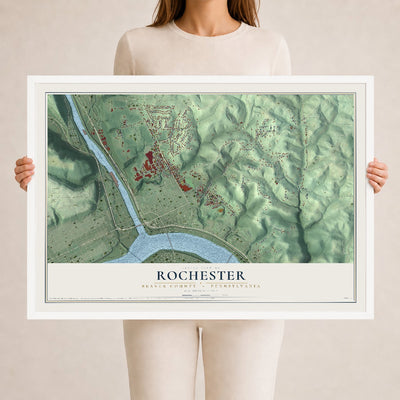 Map of Rochester, Beaver County, Pennsylvania, 24 x 36 inch print in a white wood frame