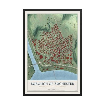 Map of the Borough of Rochester, Beaver County, Pennsylvania, 12 x 18 inch print in a black wood frame