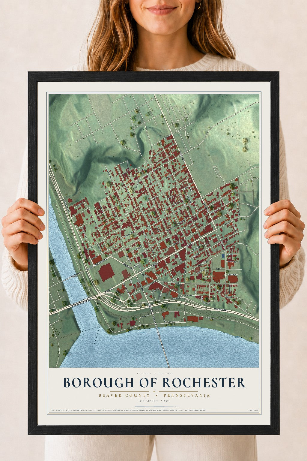 Map of the Borough of Rochester, Beaver County, Pennsylvania, 18 x 24 inch print in a black wood frame