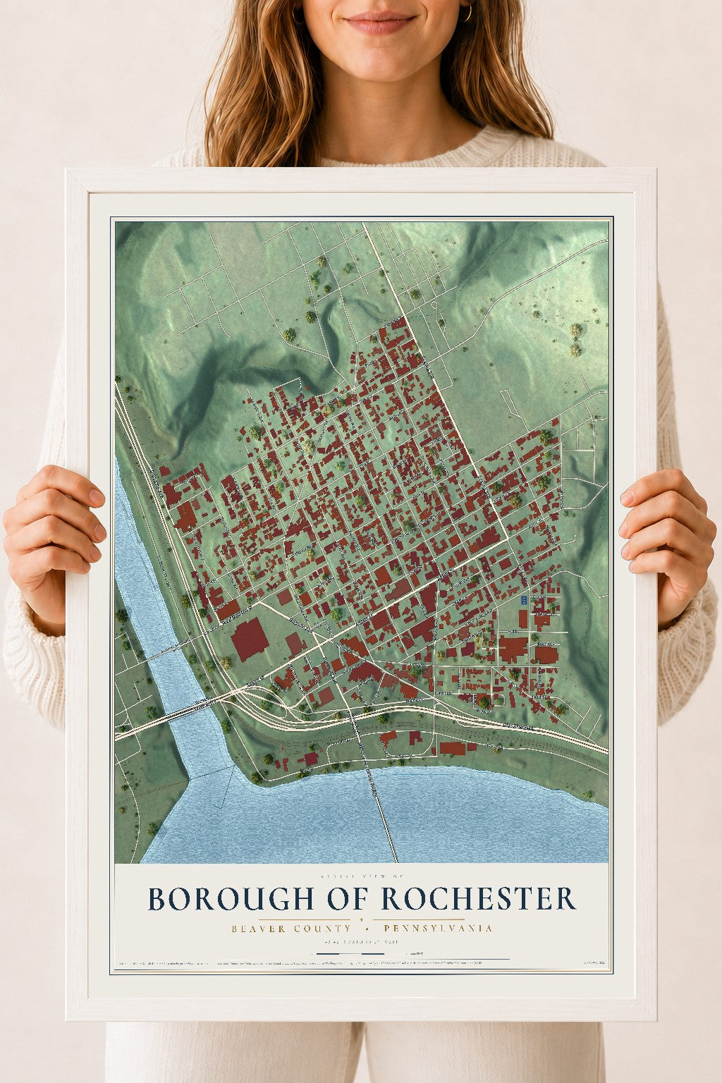 Map of the Borough of Rochester, Beaver County, Pennsylvania, 18 x 24 inch print in a white wood frame