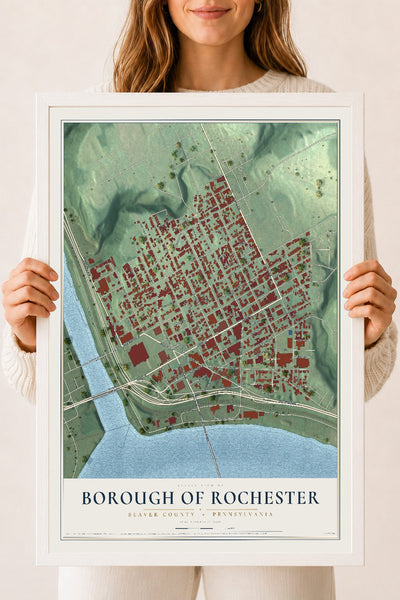 Map of the Borough of Rochester, Beaver County, Pennsylvania, 18 x 24 inch print in a white wood frame