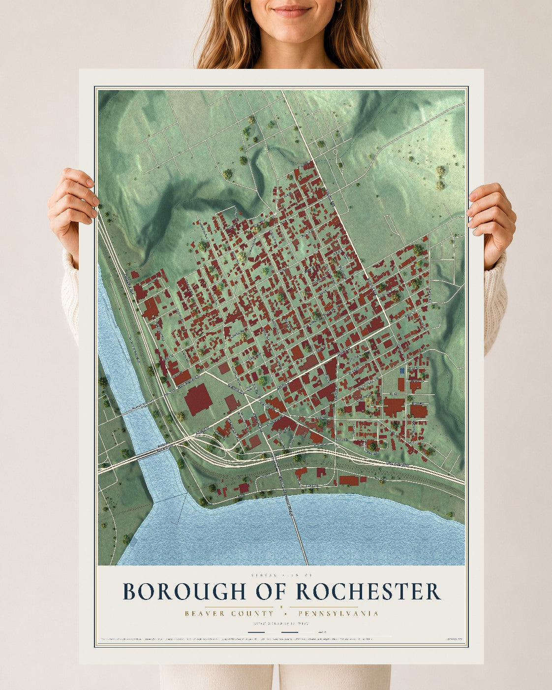 Map of the Borough of Rochester, Beaver County, Pennsylvania, 24 x 36 inch unframed archival matte print