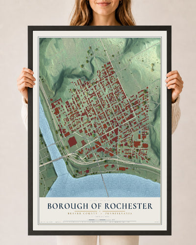 Map of the Borough of Rochester, Beaver County, Pennsylvania, 24 x 36 inch print in a black wood frame