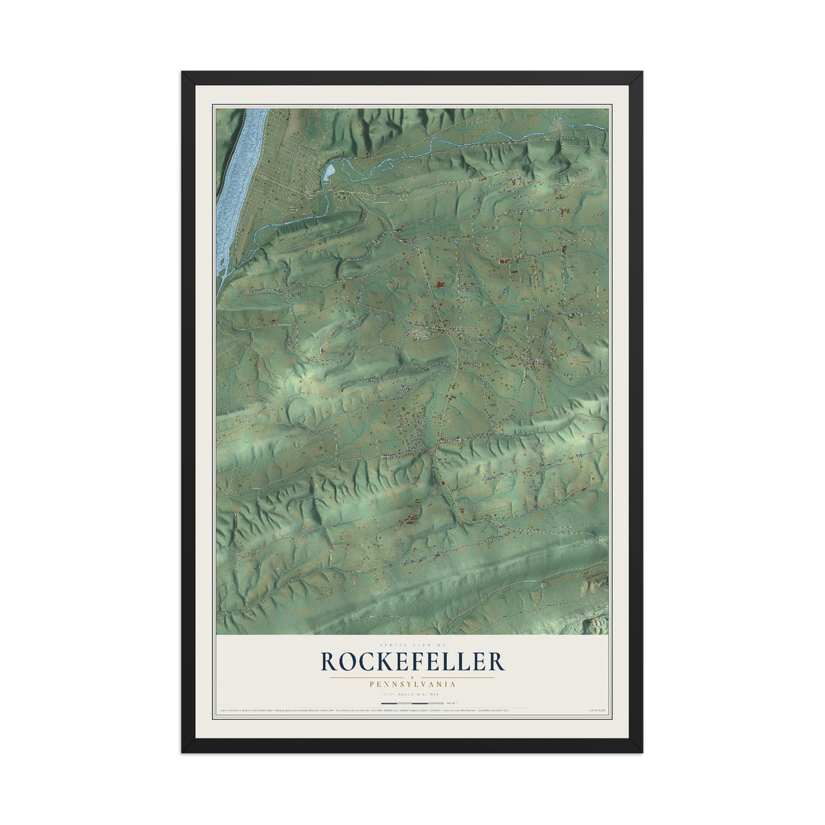 Map of Rockefeller, Pennsylvania, 12 x 18 inch print in a black wood frame
